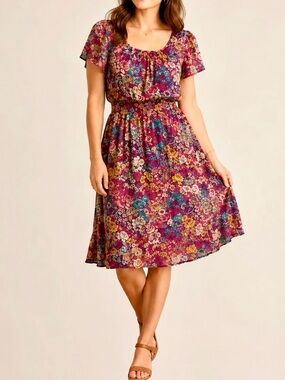 SUNDANCE Silk Floral Smocked Multicolor 
Short Sleeve Dress Size 12